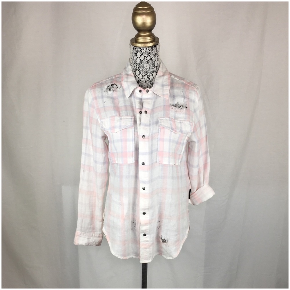 Hudson Plaid Distressed Shirt Pink, Blue & White